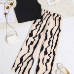 Girls Black Crop Top with Beige & Black Printed Wide Pants