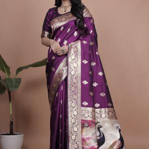 Elegant Purple Silk Saree with Peacock Design and Golden Border