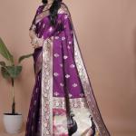 Elegant Purple Silk Saree with Peacock Design and Golden Border