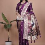 Elegant Purple Silk Saree with Peacock Design and Golden Border