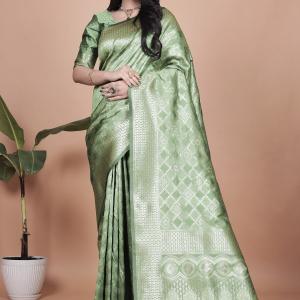 Green Banarasi Silk Saree with Traditional Zari Work and Tassel Detailing – Perfect for Weddings, Festive Occasions, and Parties