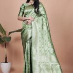 Green Banarasi Silk Saree with Traditional Zari Work and Tassel Detailing – Perfect for Weddings, Festive Occasions, and Parties