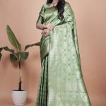 Green Banarasi Silk Saree with Traditional Zari Work and Tassel Detailing – Perfect for Weddings, Festive Occasions, and Parties
