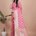 Elegant Pink Banarasi Silk Saree with Golden Zari Work & Tassel Border