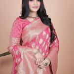 Elegant Pink Banarasi Silk Saree with Golden Zari Work & Tassel Border