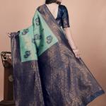Stunning Green and Blue Silk Saree with Floral Patterns and Zari Work – Ideal for Special Occasions