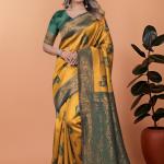 Exquisite Gold and Green Silk Saree with Golden Zari Border – Wedding & Party Wear Saree