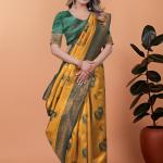 Exquisite Gold and Green Silk Saree with Golden Zari Border – Wedding & Party Wear Saree