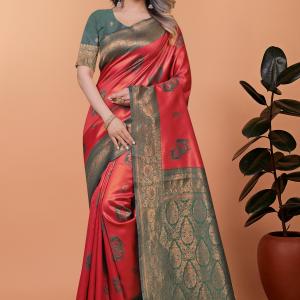 Elegant Red and Green Silk Saree with Golden Zari Work – Traditional Indian Sari for Women