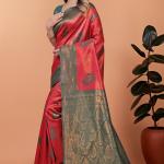 Elegant Red and Green Silk Saree with Golden Zari Work – Traditional Indian Sari for Women