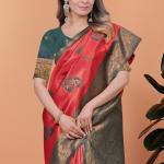 Elegant Red and Green Silk Saree with Golden Zari Work – Traditional Indian Sari for Women