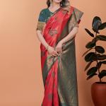 Elegant Red and Green Silk Saree with Golden Zari Work – Traditional Indian Sari for Women