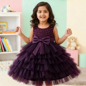 Girls Premium Purple Layered Party Dress with Big Bow & Embellished Bodice