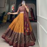Mustard & Maroon Silk Blend Lehenga Set with Brocade Blouse & Printed Dupatta