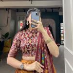 Mustard & Maroon Silk Blend Lehenga Set with Brocade Blouse & Printed Dupatta