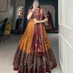 Mustard & Maroon Silk Blend Lehenga Set with Brocade Blouse & Printed Dupatta