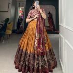 Mustard & Maroon Silk Blend Lehenga Set with Brocade Blouse & Printed Dupatta