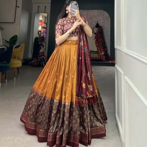 Mustard & Maroon Silk Blend Lehenga Set with Brocade Blouse & Printed Dupatta