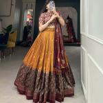 Mustard & Maroon Silk Blend Lehenga Set with Brocade Blouse & Printed Dupatta