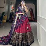Pink & Blue Silk Blend Lehenga Set with Brocade Blouse & Printed Dupatta