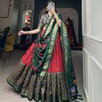 Green & Red Silk Blend Lehenga Set with Brocade Blouse & Printed Dupatta