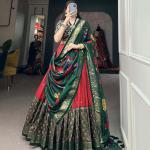 Green & Red Silk Blend Lehenga Set with Brocade Blouse & Printed Dupatta