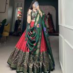 Green & Red Silk Blend Lehenga Set with Brocade Blouse & Printed Dupatta