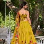 Elegant Mustard Yellow Lehenga Choli with Bold Floral Print – Cotton Blend
