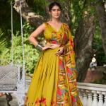 Elegant Mustard Yellow Lehenga Choli with Bold Floral Print – Cotton Blend