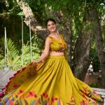 Elegant Mustard Yellow Lehenga Choli with Bold Floral Print – Cotton Blend