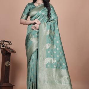 Green Silk Saree with Intricate Peacock Zari Work – Traditional Banarasi Design for Weddings & Festive Occasions