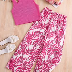 Girls Pink Ribbed Sleeveless Crop Top & Tropical Leaf Print Pants Set