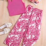 Girls Pink Ribbed Sleeveless Crop Top & Tropical Leaf Print Pants Set