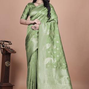 Traditional Green Banarasi Silk Saree with Floral & Peacock Design - Perfect for Weddings and Festivals