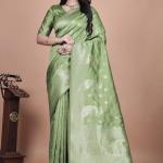 Traditional Green Banarasi Silk Saree with Floral & Peacock Design - Perfect for Weddings and Festivals