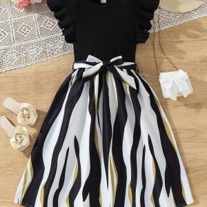 Girls Black Ruffle Sleeve Top with Striped Skirt