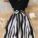 Girls Black Ruffle Sleeve Top with Striped Skirt
