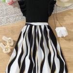 Girls Black Ruffle Sleeve Top with Striped Skirt