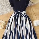 Girls Navy Blue Ribbed Dress with Striped A-Line Skirt & Waist Bow