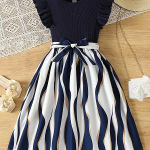 Girls Navy Blue Party Wear Dress with Printed Flared Skirt