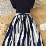Girls Navy Blue Party Wear Dress with Printed Flared Skirt