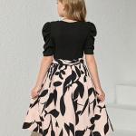 Girls Elegant Black & Beige Floral Print Midi Dress with Puff Sleeves Party Dress