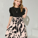 Girls Elegant Black & Beige Floral Print Midi Dress with Puff Sleeves Party Dress