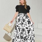 Girls Black Puff Sleeve Top with White Floral Maxi Dress