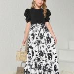 Girls Black Puff Sleeve Top with White Floral Maxi Dress