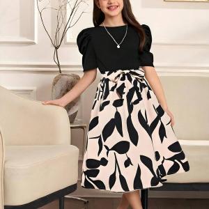 Girls Elegant Black & Beige Floral Print Midi Dress with Puff Sleeves Party Dress