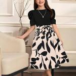Girls Elegant Black & Beige Floral Print Midi Dress with Puff Sleeves Party Dress