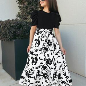 Girls Black Puff Sleeve Top with White Floral Maxi Dress