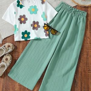 Girls Floral Printed Crop Top with Mint Green Pleated Wide Leg Pants Co-Ord Set
