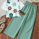 Girls Floral Printed Crop Top with Mint Green Pleated Wide Leg Pants Co-Ord Set